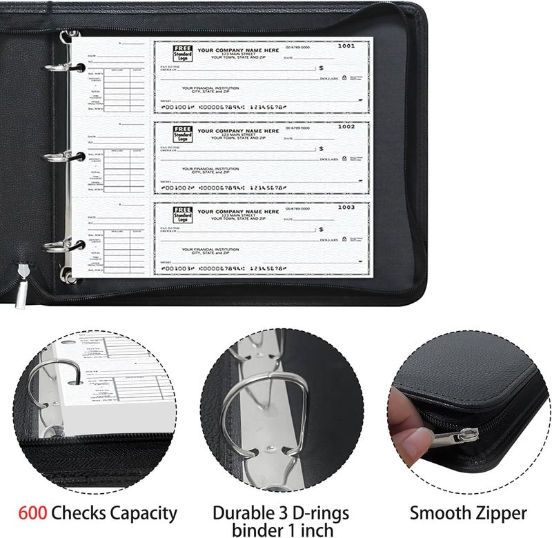 LLi Cufite 3 Rings Check Binder for End-Stub Deskbook Checks, Zipper Business Check Binder, 3 on a Page, Fit 3 & 9 Holes Check Faux Leather (9.5" x 12.6") (Black) - Image 4